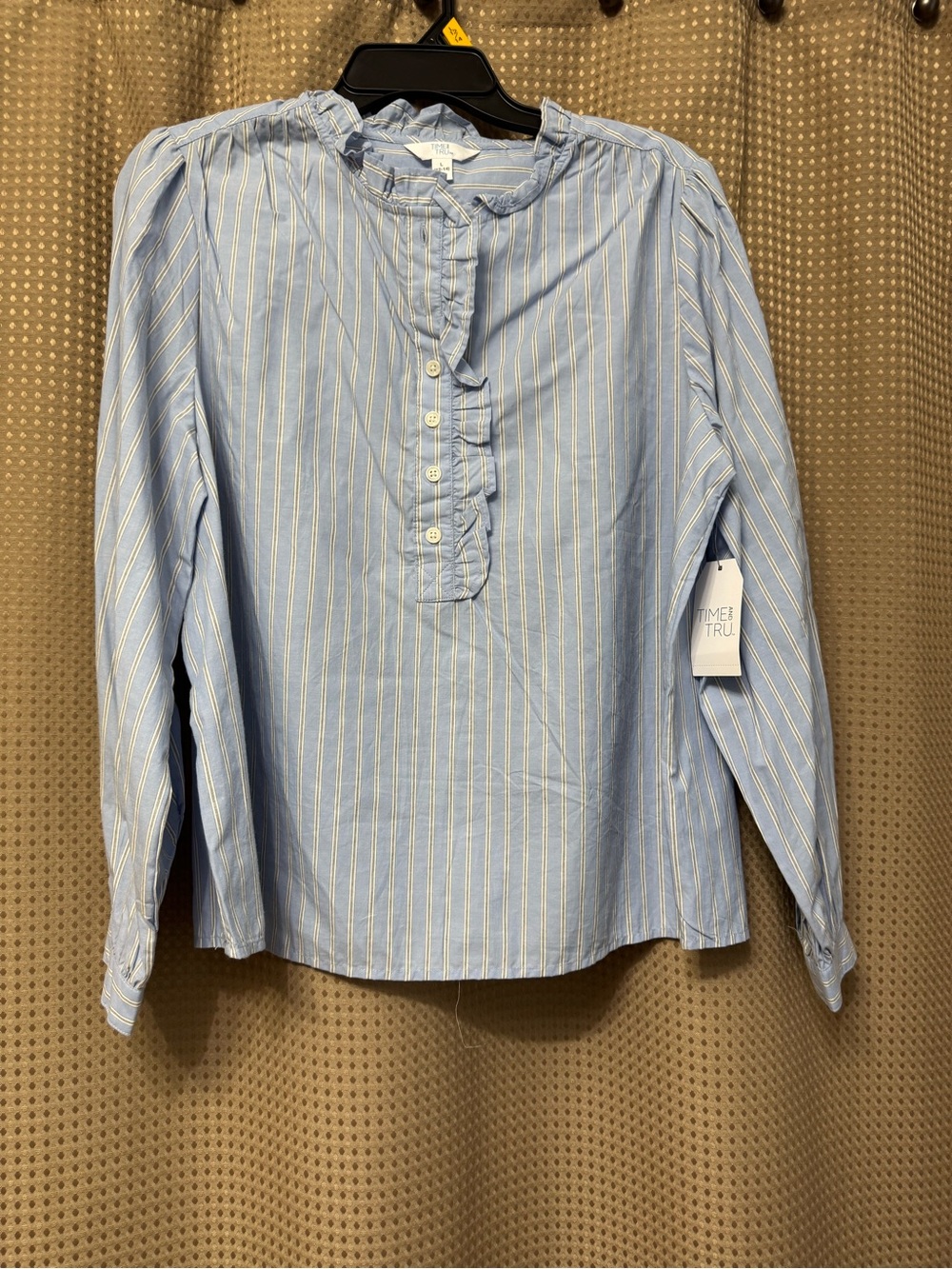 Time and Tru Blue and White Striped Ruffle Henley Blouse